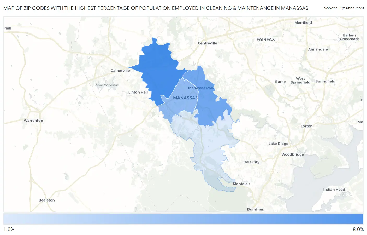 Zip Codes with the Highest Percentage of Population Employed in Cleaning & Maintenance in Manassas Map