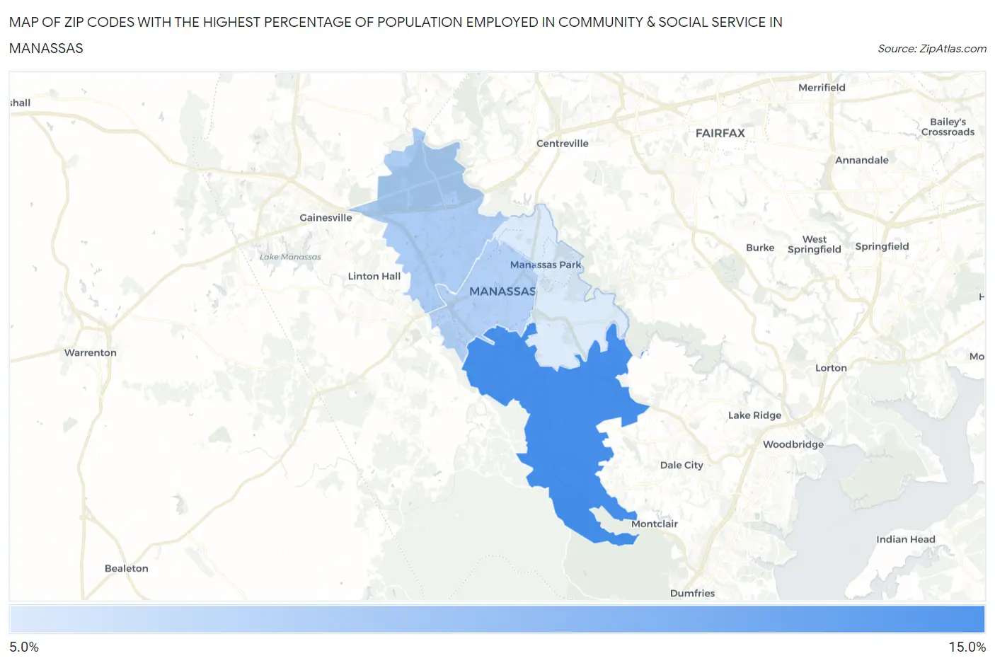 Zip Codes with the Highest Percentage of Population Employed in Community & Social Service  in Manassas Map