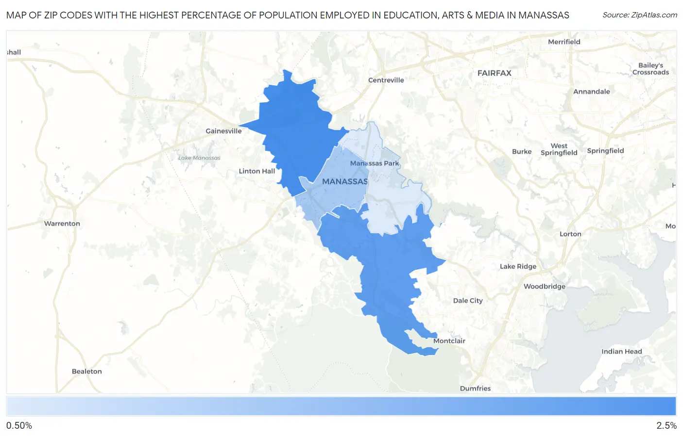 Zip Codes with the Highest Percentage of Population Employed in Education, Arts & Media in Manassas Map