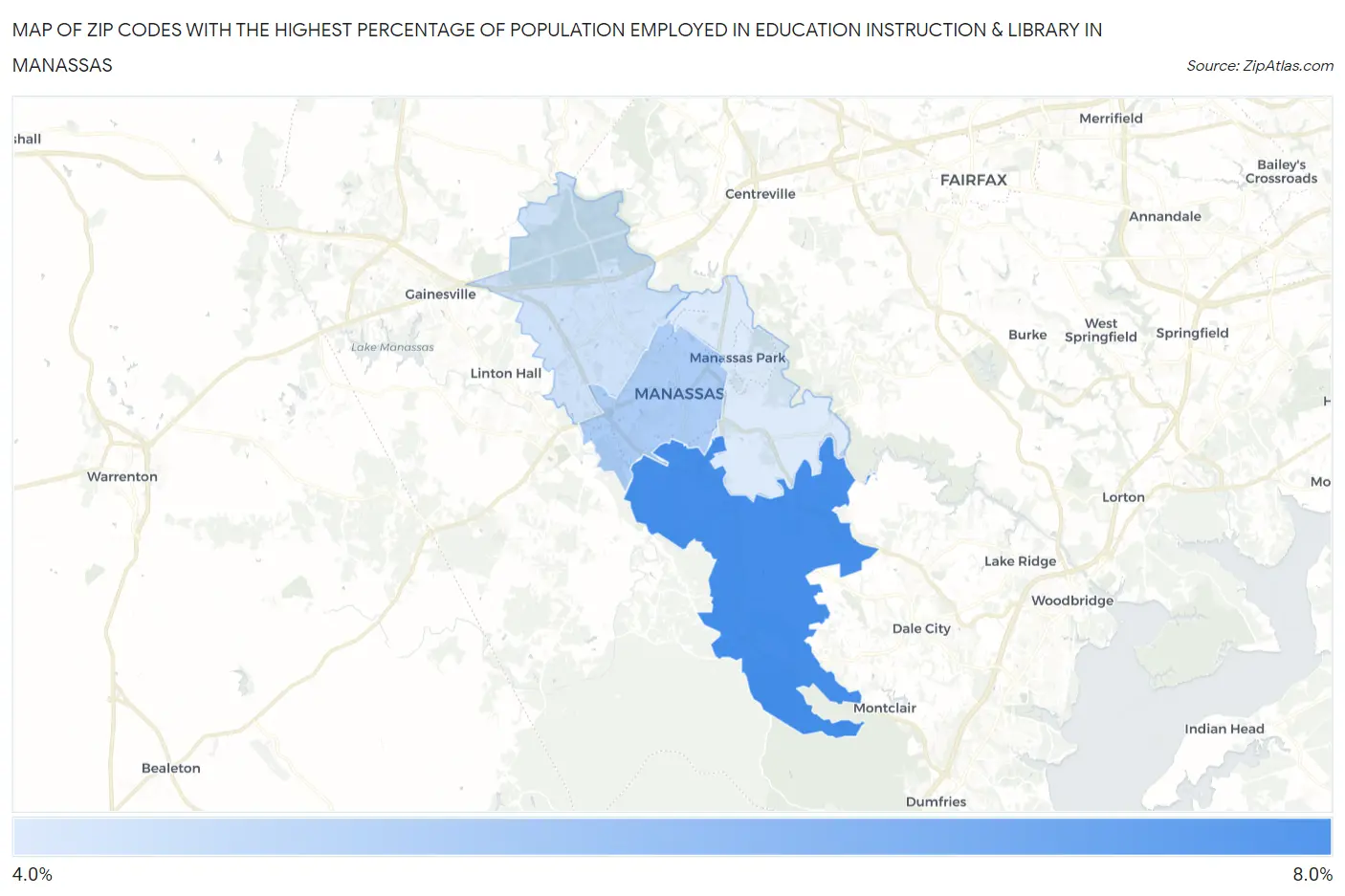 Zip Codes with the Highest Percentage of Population Employed in Education Instruction & Library in Manassas Map