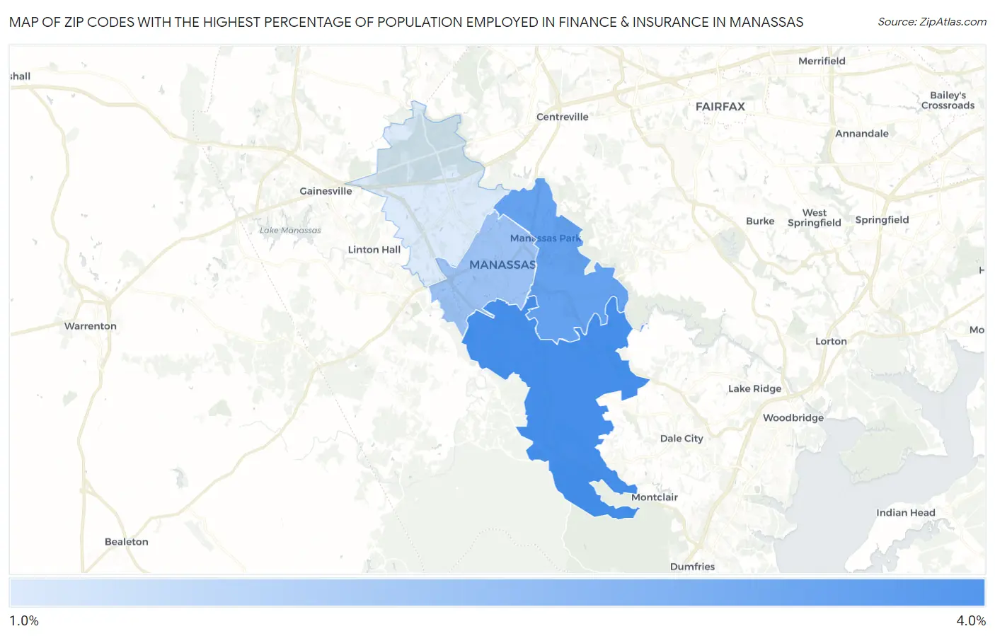 Zip Codes with the Highest Percentage of Population Employed in Finance & Insurance in Manassas Map