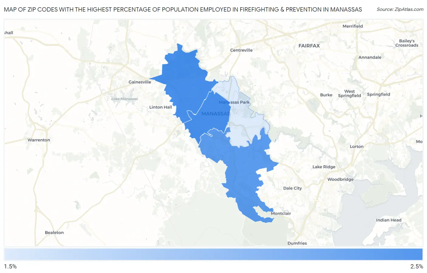 Zip Codes with the Highest Percentage of Population Employed in Firefighting & Prevention in Manassas Map