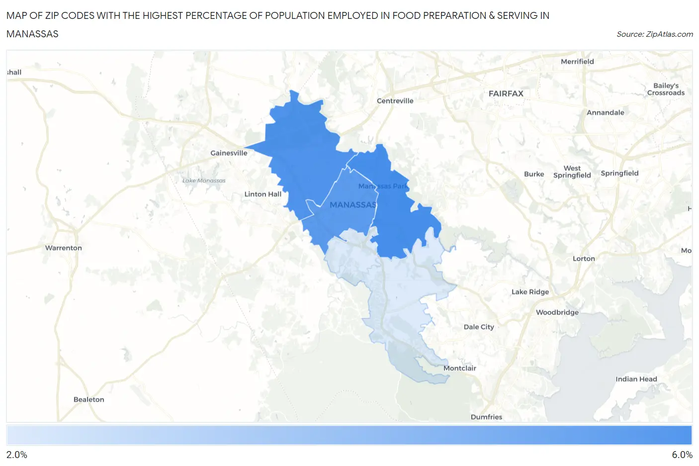 Zip Codes with the Highest Percentage of Population Employed in Food Preparation & Serving in Manassas Map