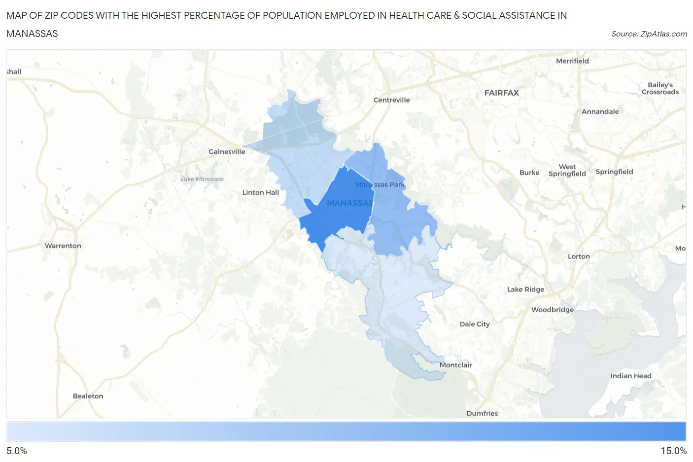 Zip Codes with the Highest Percentage of Population Employed in Health Care & Social Assistance in Manassas Map