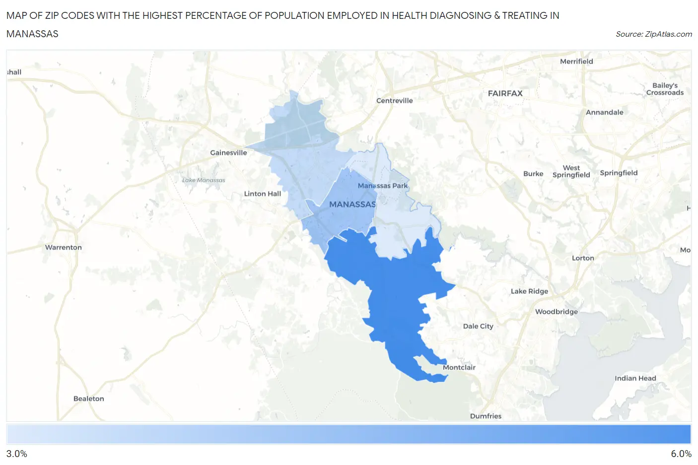 Zip Codes with the Highest Percentage of Population Employed in Health Diagnosing & Treating in Manassas Map