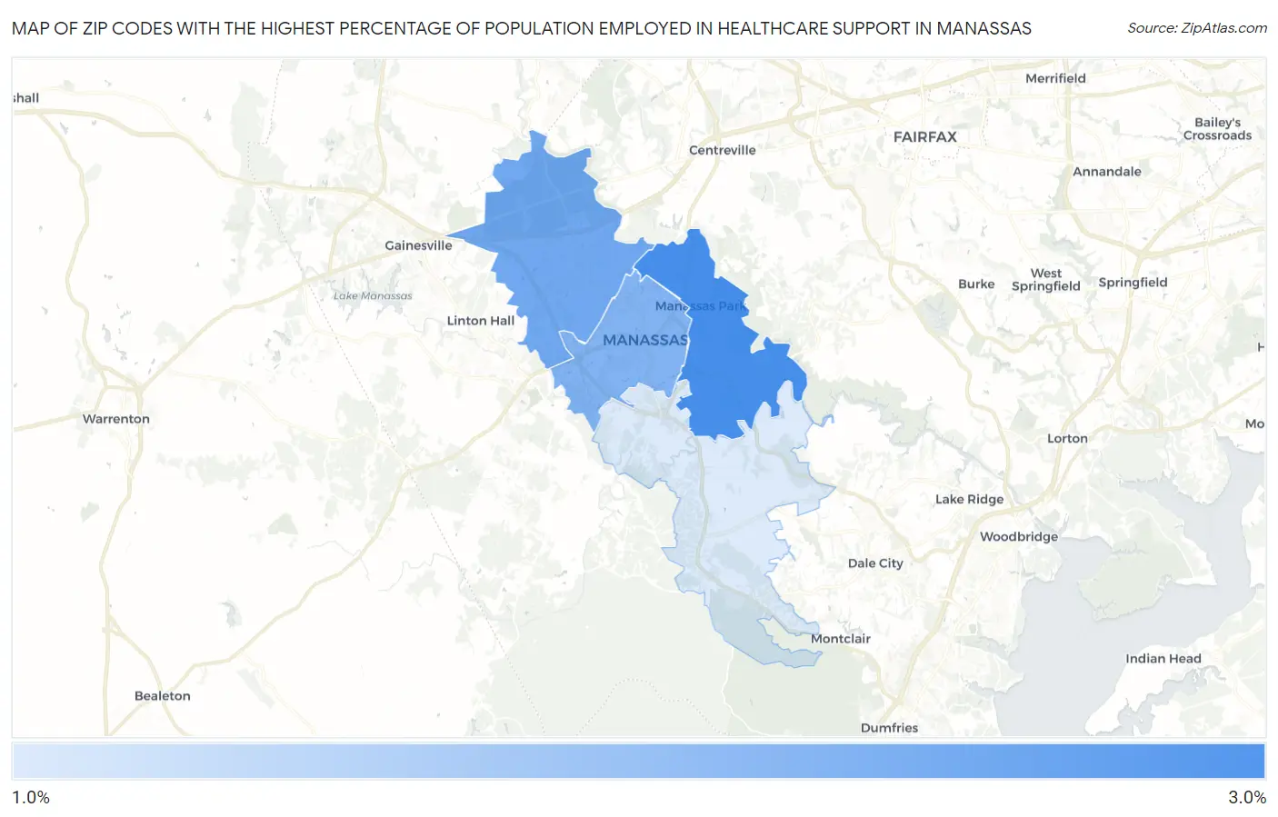Zip Codes with the Highest Percentage of Population Employed in Healthcare Support in Manassas Map