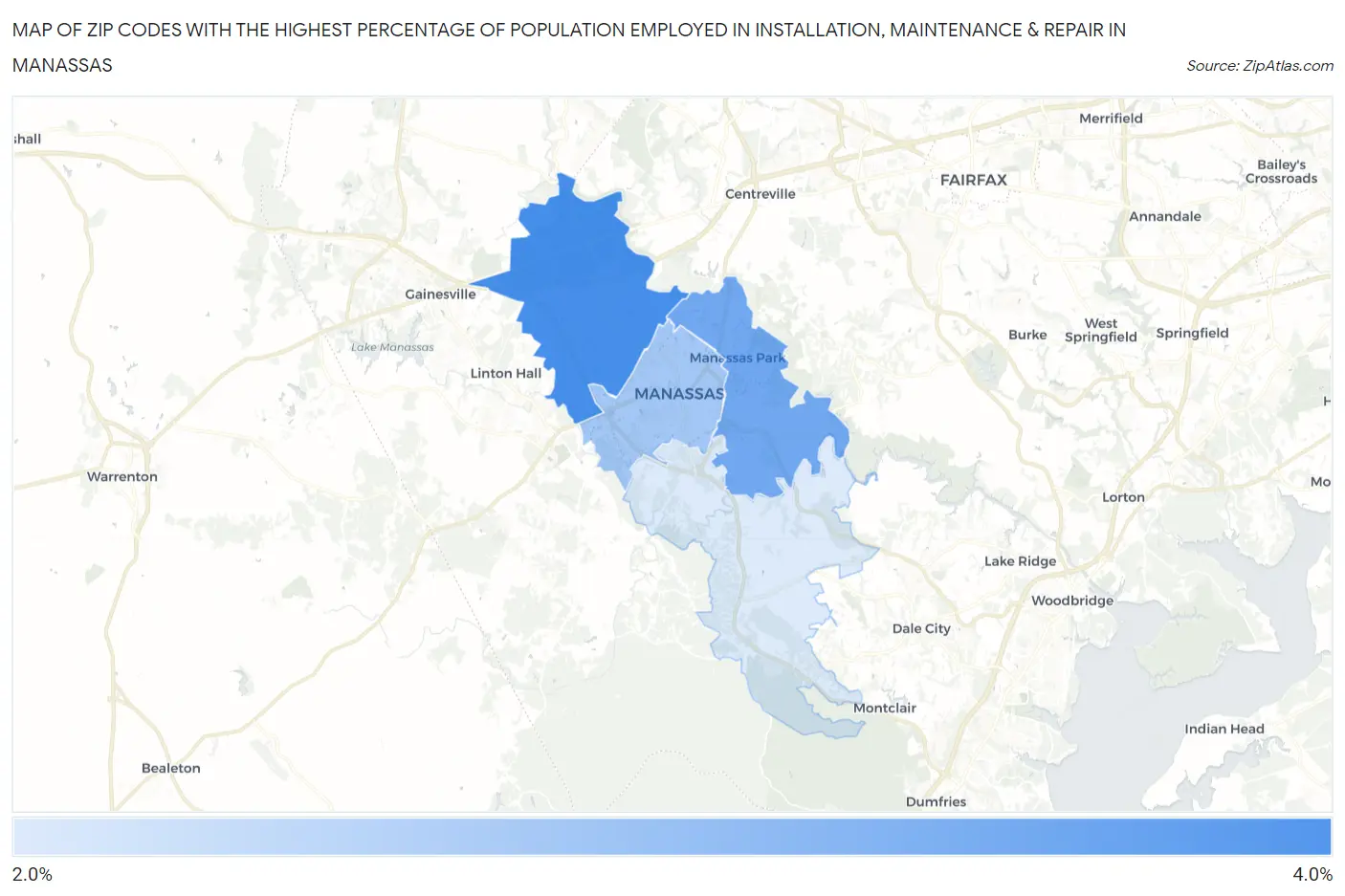 Zip Codes with the Highest Percentage of Population Employed in Installation, Maintenance & Repair in Manassas Map