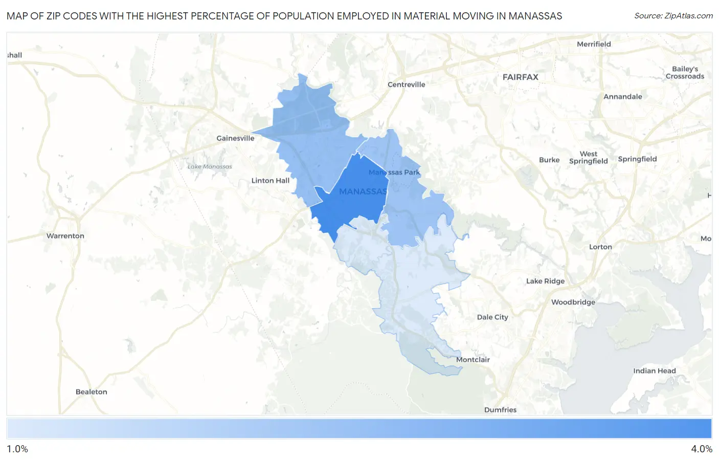 Zip Codes with the Highest Percentage of Population Employed in Material Moving in Manassas Map