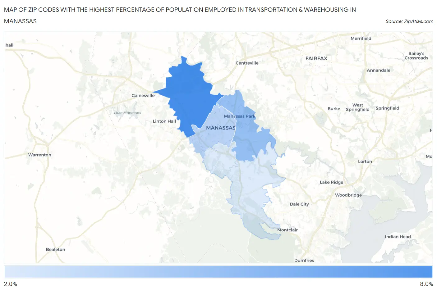 Zip Codes with the Highest Percentage of Population Employed in Transportation & Warehousing in Manassas Map