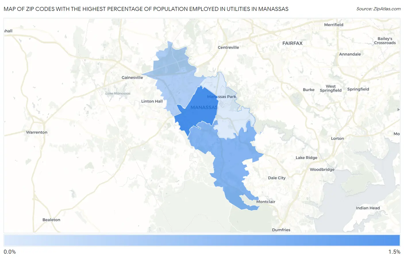 Zip Codes with the Highest Percentage of Population Employed in Utilities in Manassas Map
