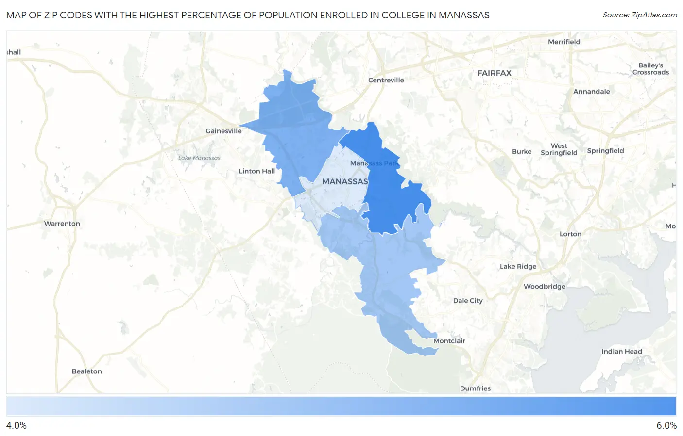 Zip Codes with the Highest Percentage of Population Enrolled in College in Manassas Map
