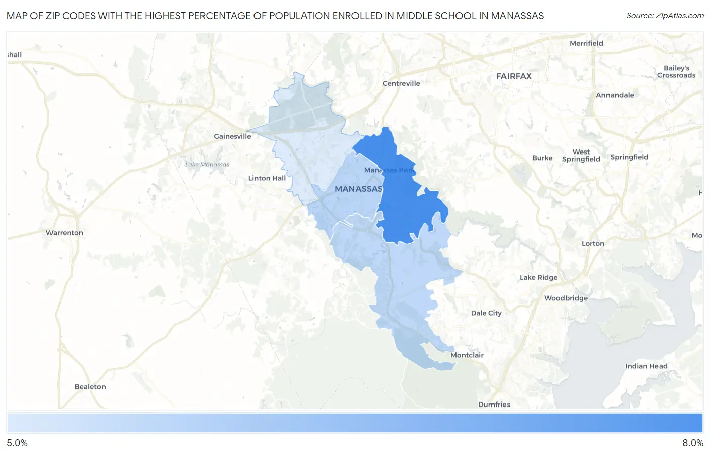 Zip Codes with the Highest Percentage of Population Enrolled in Middle School in Manassas Map