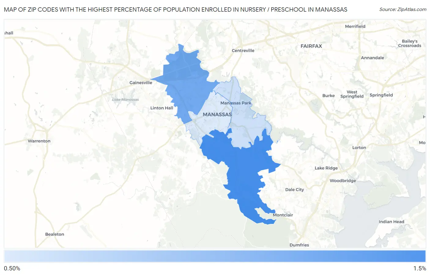 Zip Codes with the Highest Percentage of Population Enrolled in Nursery / Preschool in Manassas Map