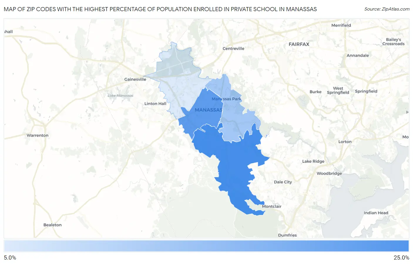 Zip Codes with the Highest Percentage of Population Enrolled in Private School in Manassas Map