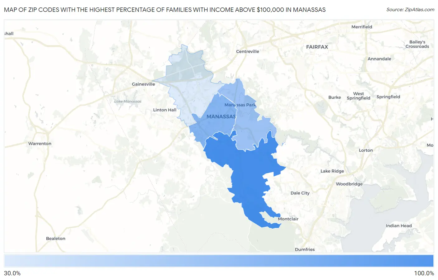 Zip Codes with the Highest Percentage of Families with Income Above $100,000 in Manassas Map
