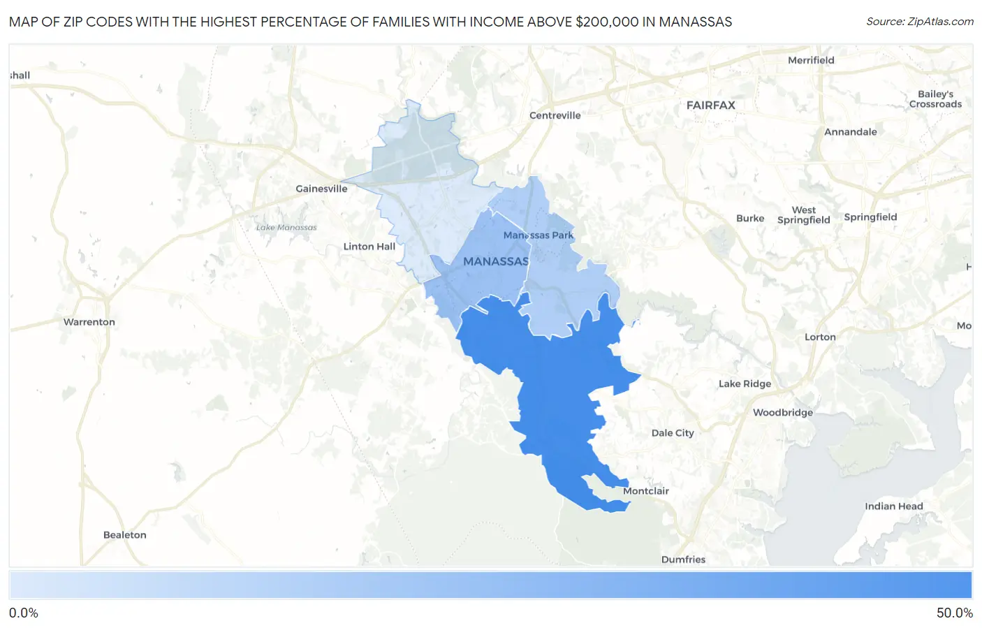 Zip Codes with the Highest Percentage of Families with Income Above $200,000 in Manassas Map