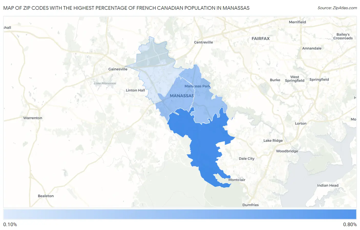 Zip Codes with the Highest Percentage of French Canadian Population in Manassas Map