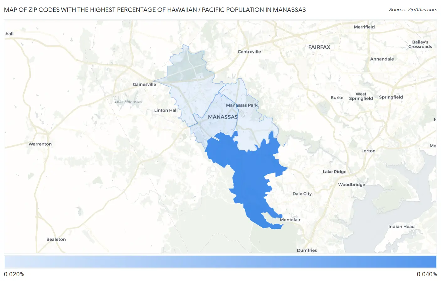 Zip Codes with the Highest Percentage of Hawaiian / Pacific Population in Manassas Map