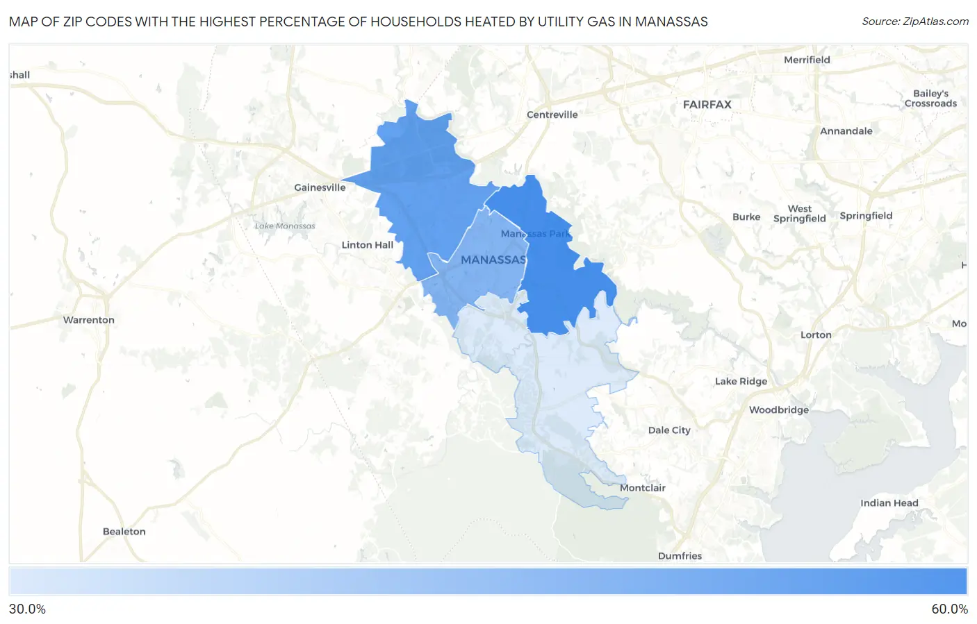 Zip Codes with the Highest Percentage of Households Heated by Utility Gas in Manassas Map