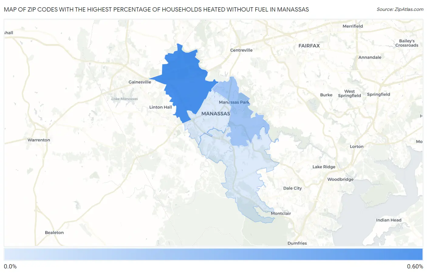 Zip Codes with the Highest Percentage of Households Heated without Fuel in Manassas Map