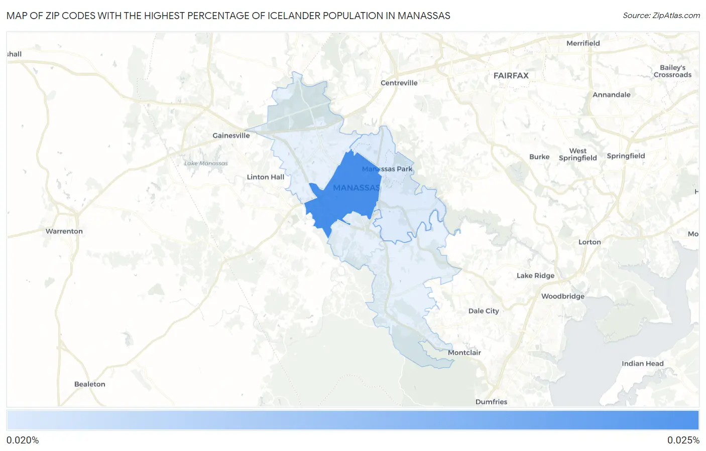 Zip Codes with the Highest Percentage of Icelander Population in Manassas Map