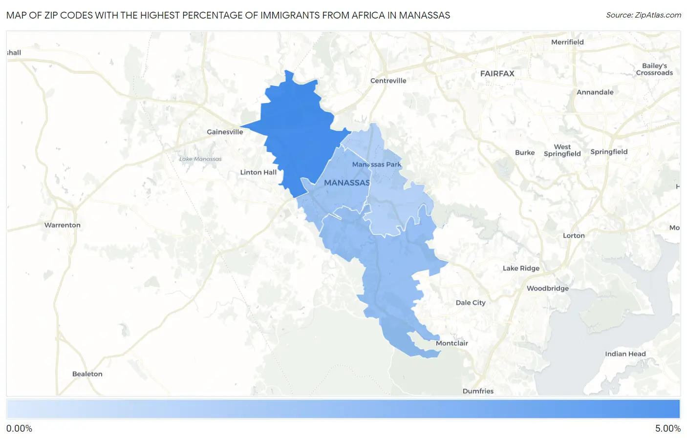 Zip Codes with the Highest Percentage of Immigrants from Africa in Manassas Map