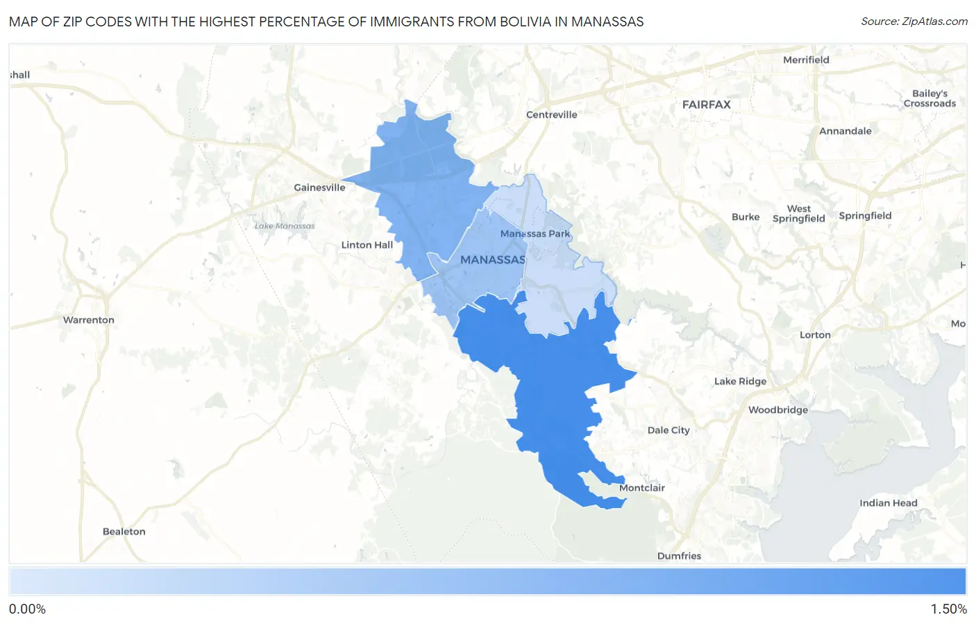 Zip Codes with the Highest Percentage of Immigrants from Bolivia in Manassas Map