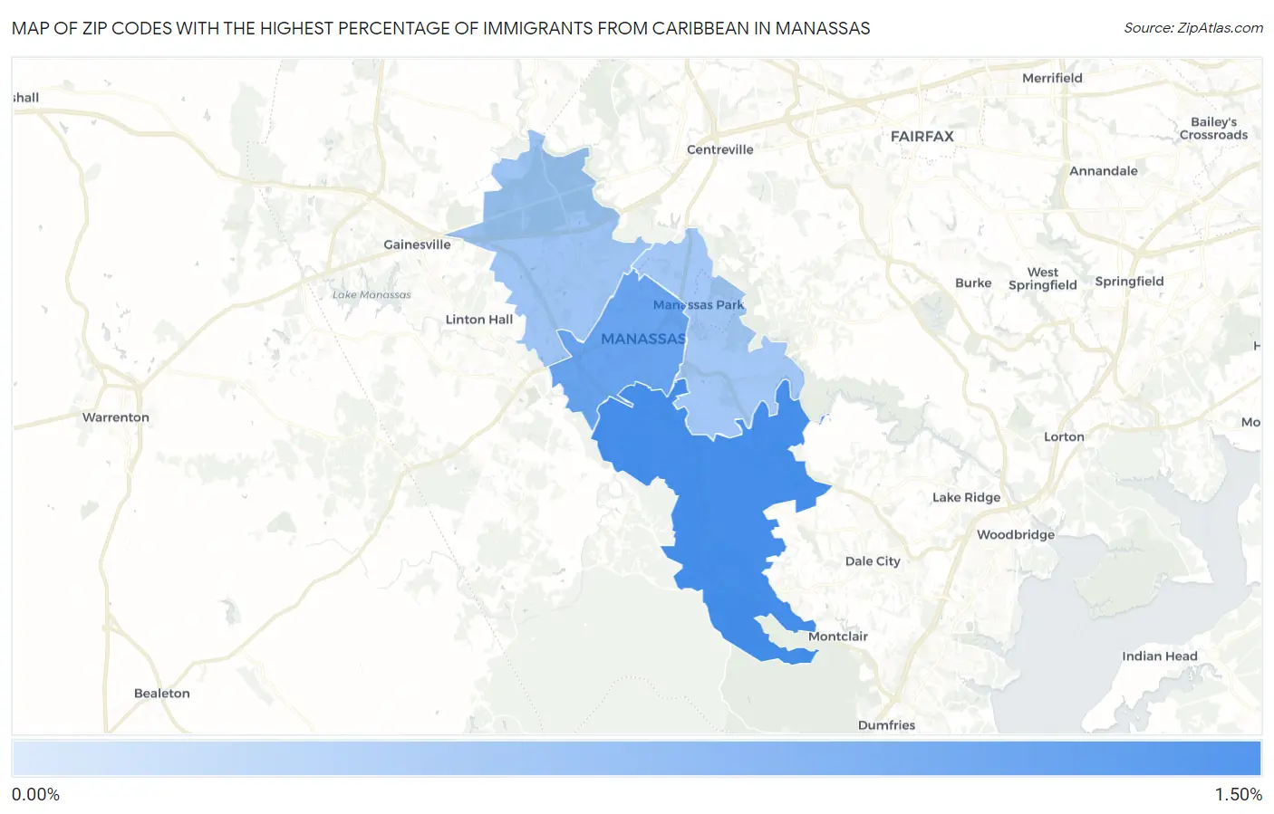 Zip Codes with the Highest Percentage of Immigrants from Caribbean in Manassas Map