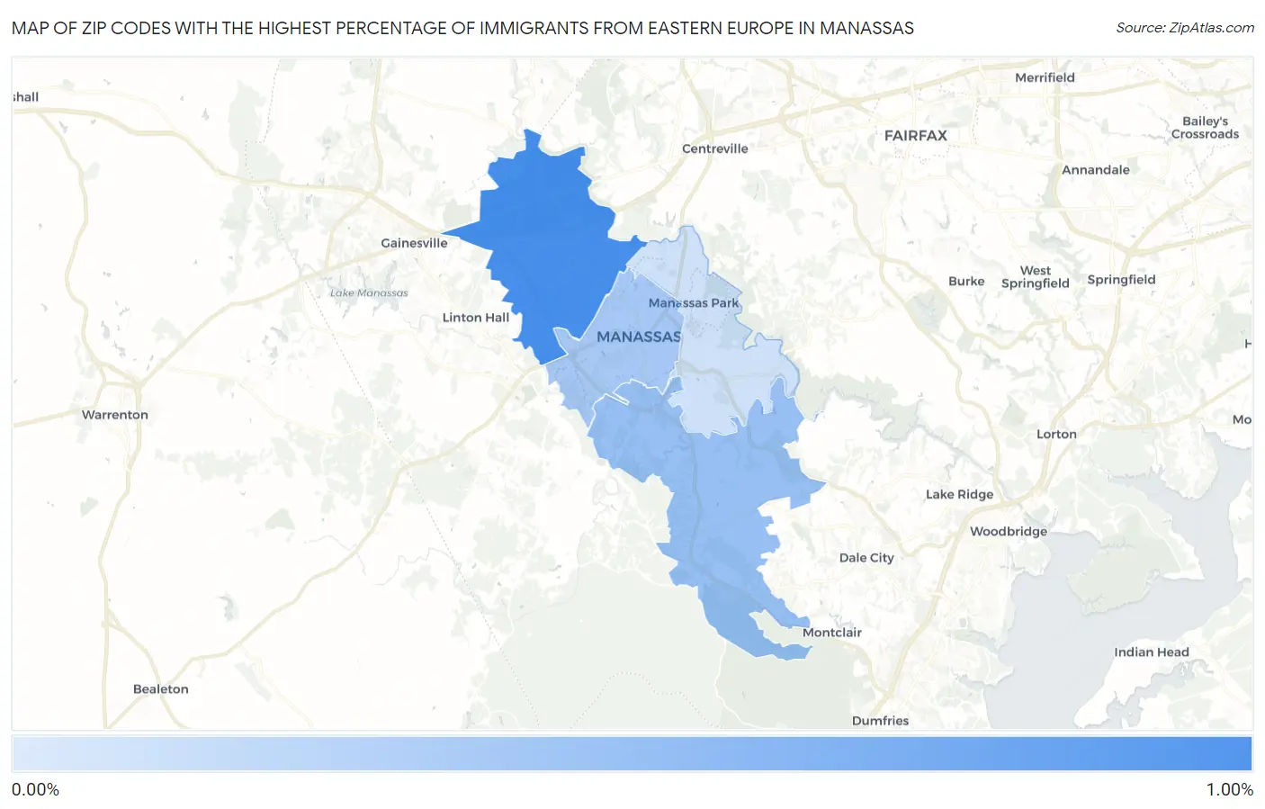 Zip Codes with the Highest Percentage of Immigrants from Eastern Europe in Manassas Map