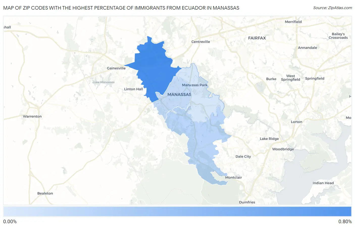 Zip Codes with the Highest Percentage of Immigrants from Ecuador in Manassas Map