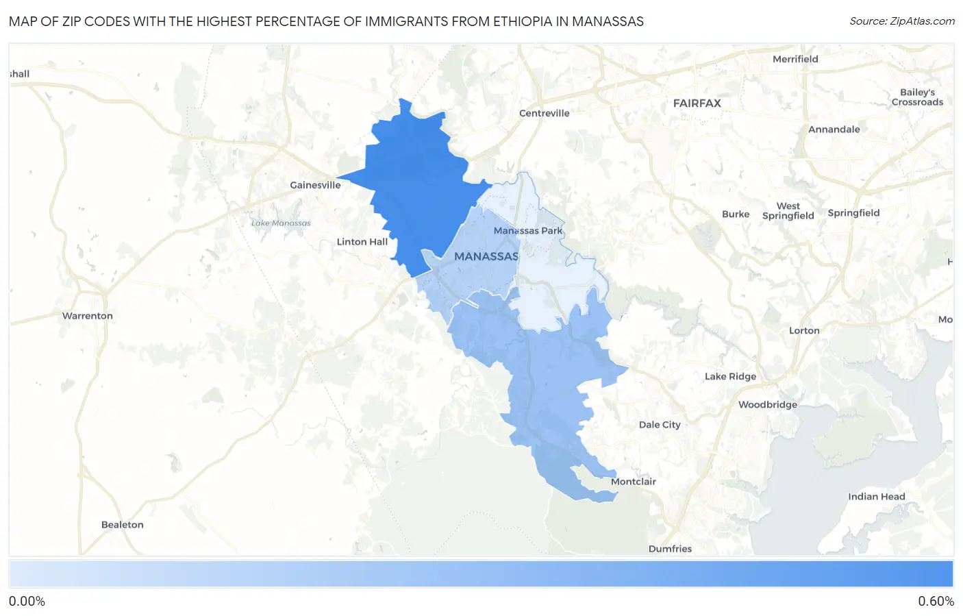 Zip Codes with the Highest Percentage of Immigrants from Ethiopia in Manassas Map