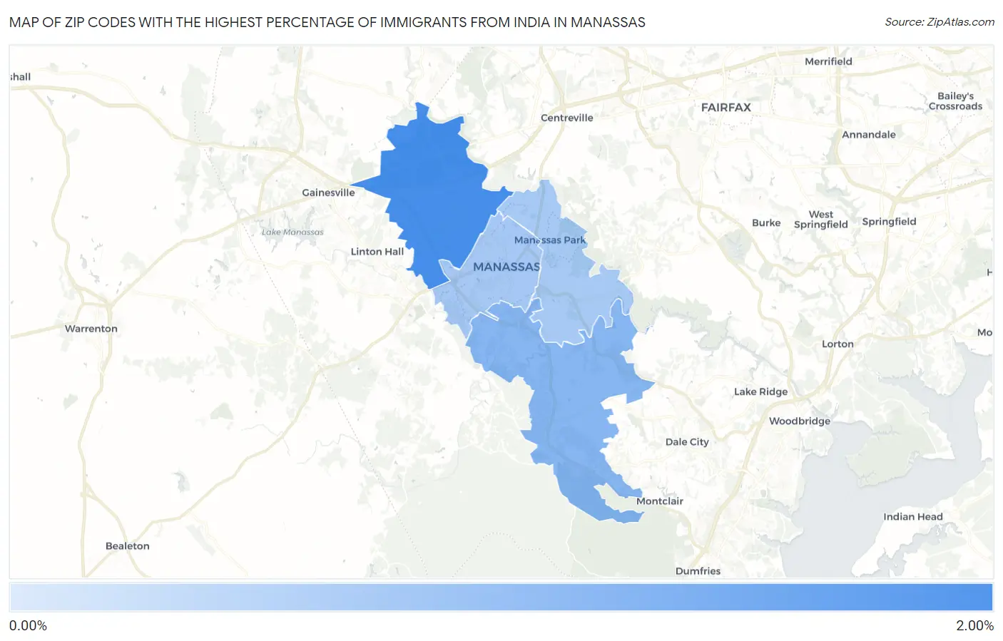 Zip Codes with the Highest Percentage of Immigrants from India in Manassas Map