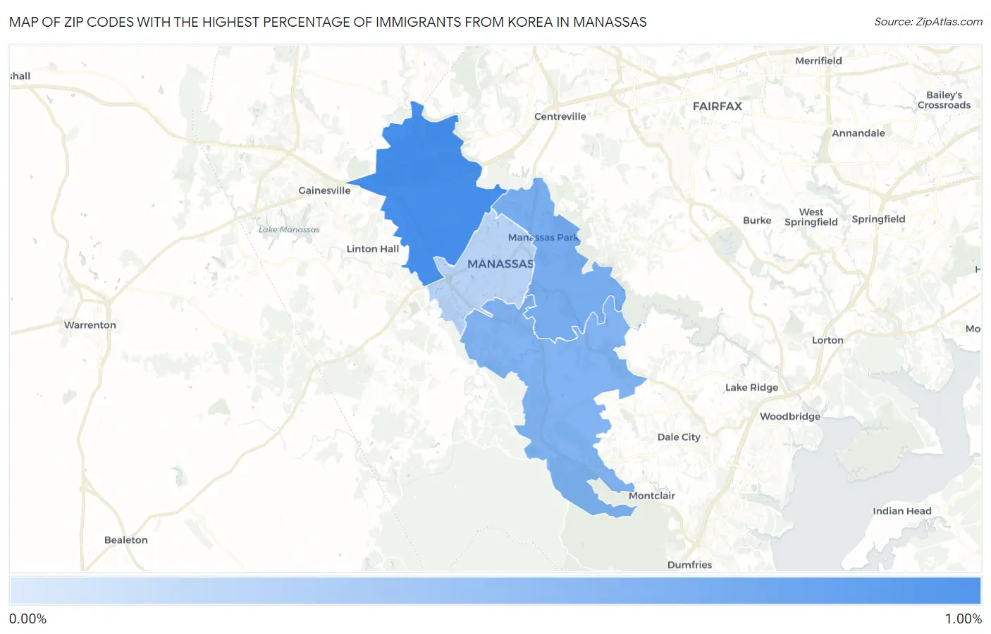 Zip Codes with the Highest Percentage of Immigrants from Korea in Manassas Map