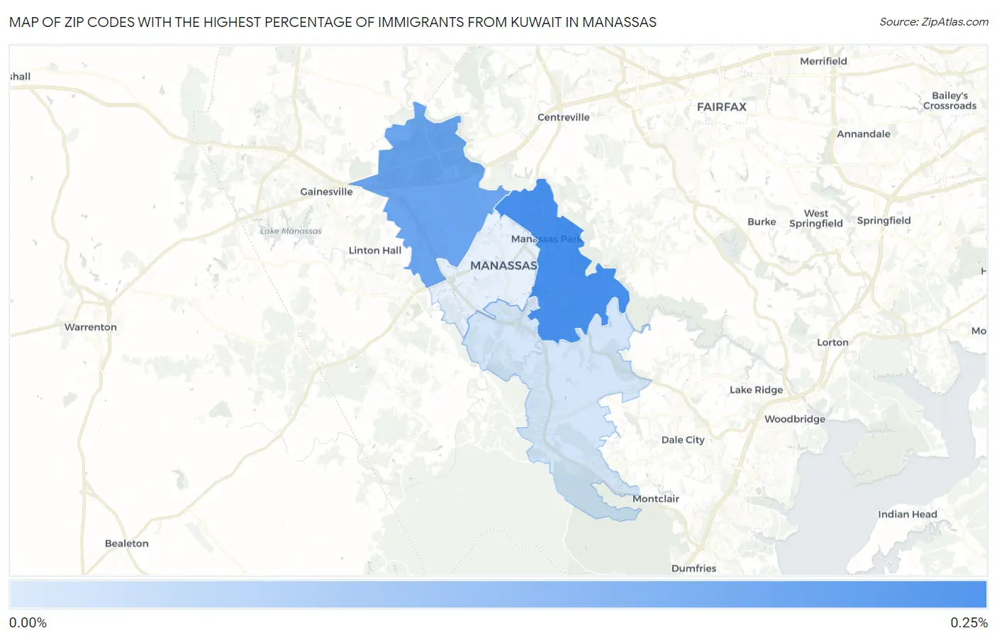 Zip Codes with the Highest Percentage of Immigrants from Kuwait in Manassas Map