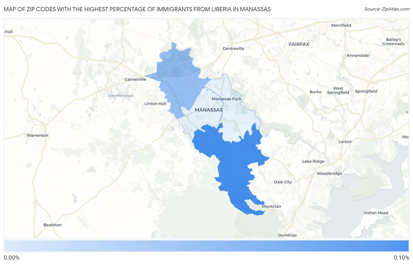 Zip Codes with the Highest Percentage of Immigrants from Liberia in Manassas Map
