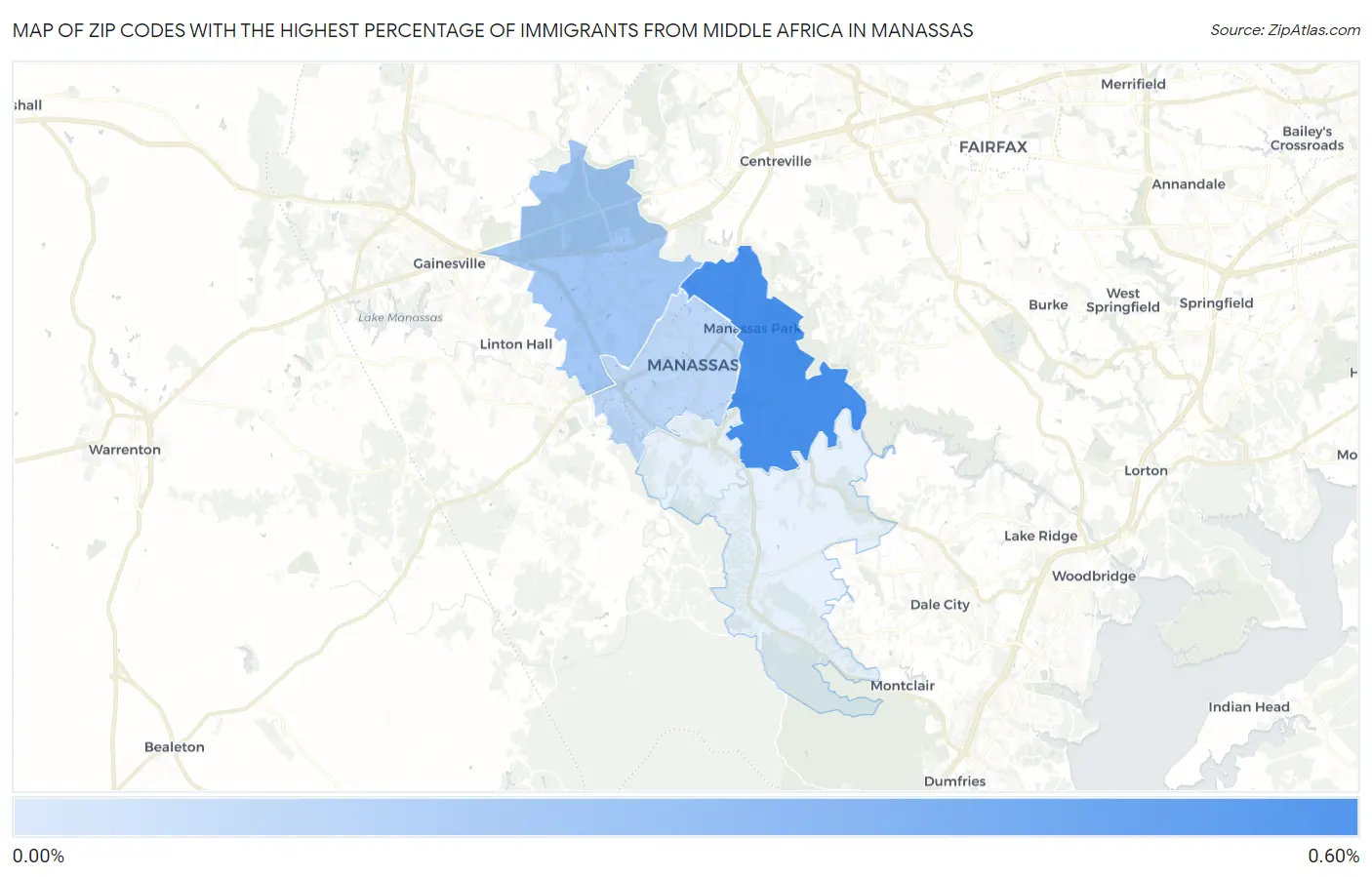 Zip Codes with the Highest Percentage of Immigrants from Middle Africa in Manassas Map