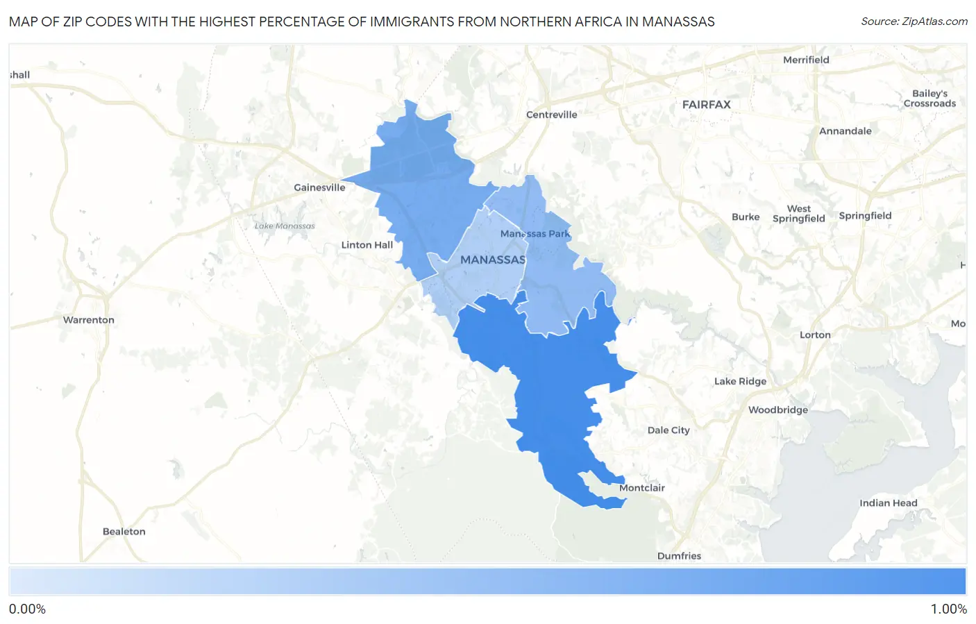 Zip Codes with the Highest Percentage of Immigrants from Northern Africa in Manassas Map