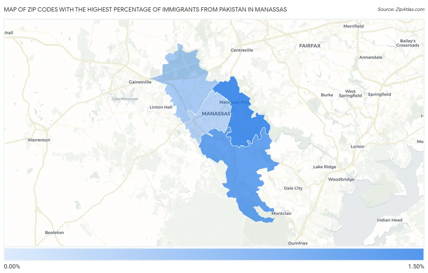 Zip Codes with the Highest Percentage of Immigrants from Pakistan in Manassas Map