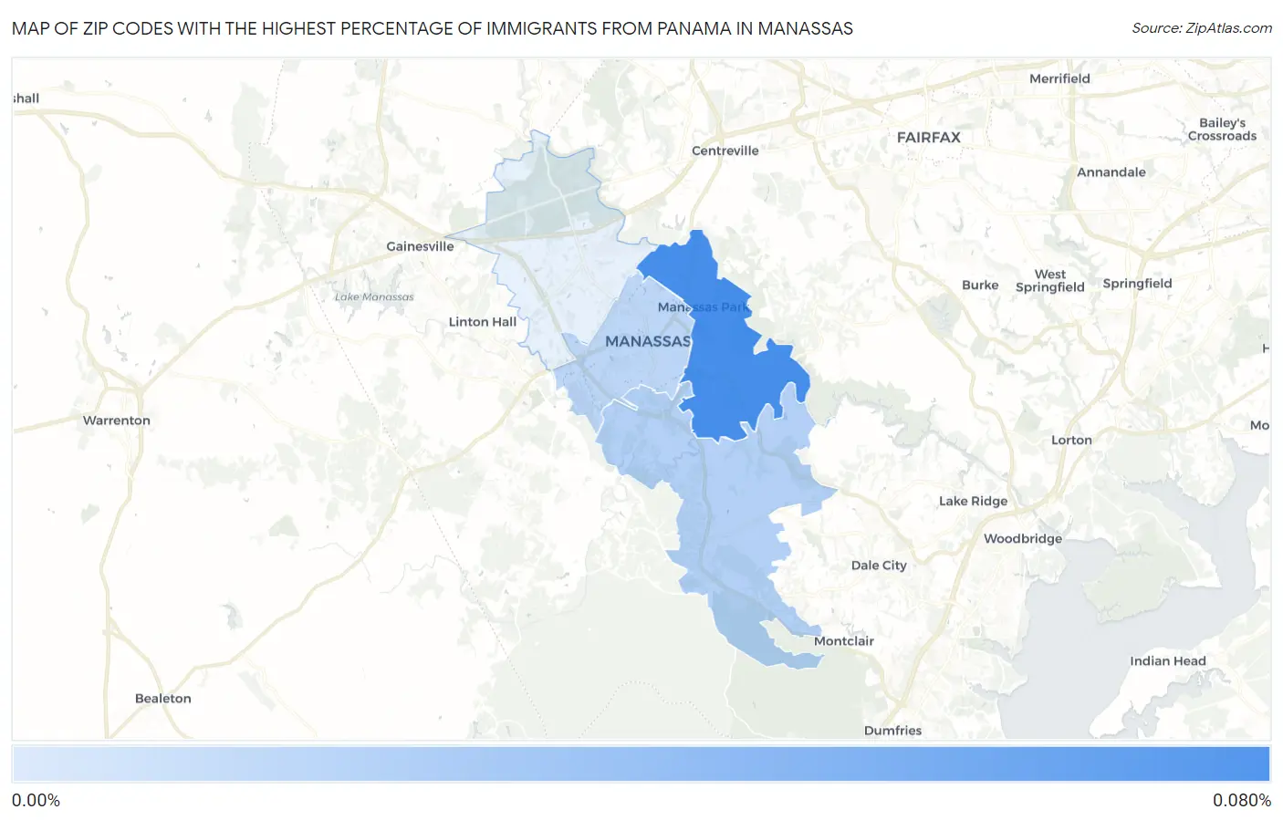 Zip Codes with the Highest Percentage of Immigrants from Panama in Manassas Map