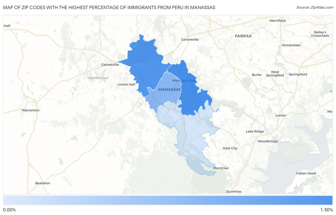 Zip Codes with the Highest Percentage of Immigrants from Peru in Manassas Map