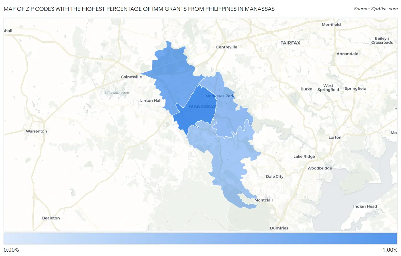 Zip Codes with the Highest Percentage of Immigrants from Philippines in Manassas Map