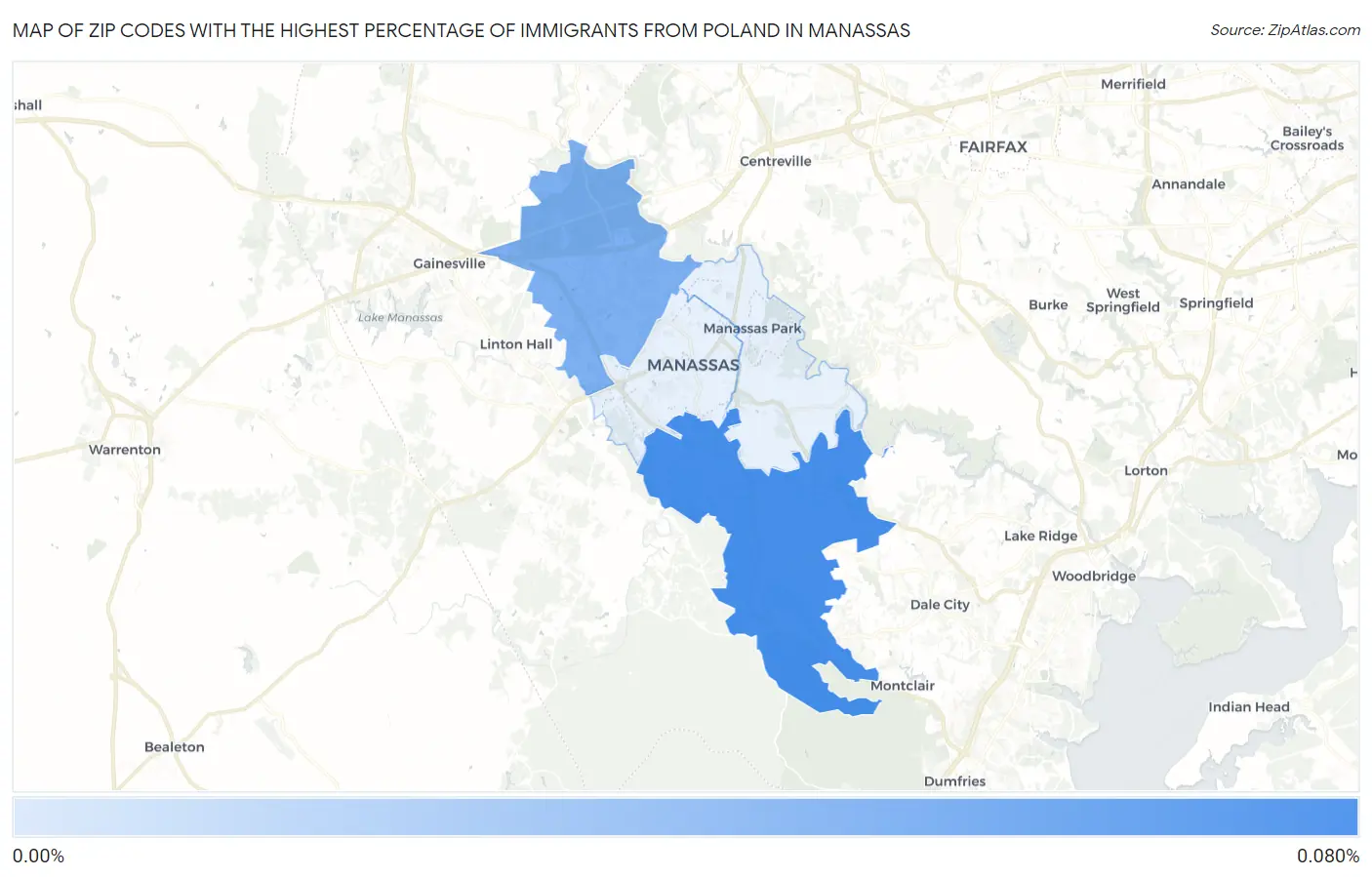 Zip Codes with the Highest Percentage of Immigrants from Poland in Manassas Map