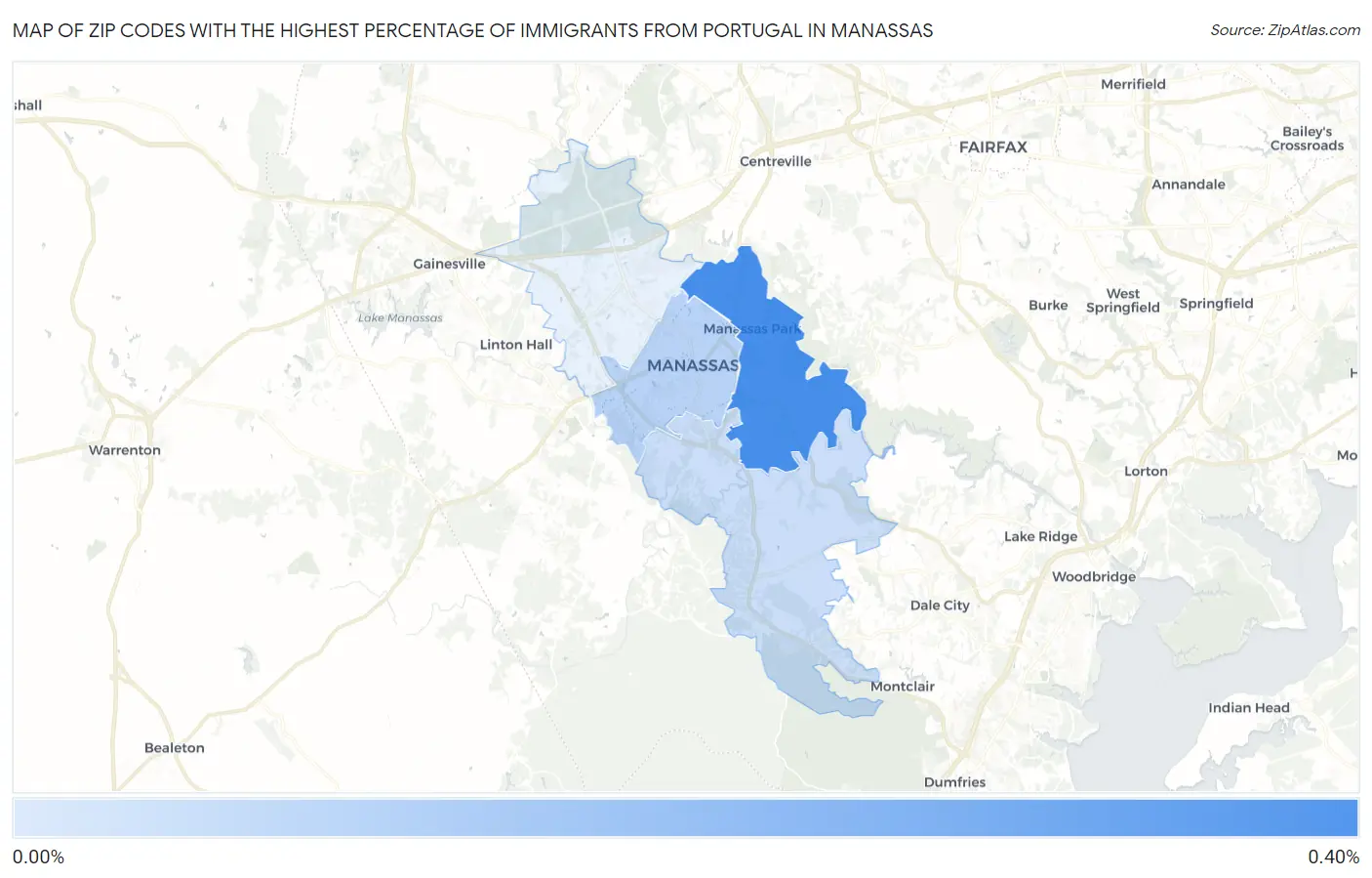 Zip Codes with the Highest Percentage of Immigrants from Portugal in Manassas Map