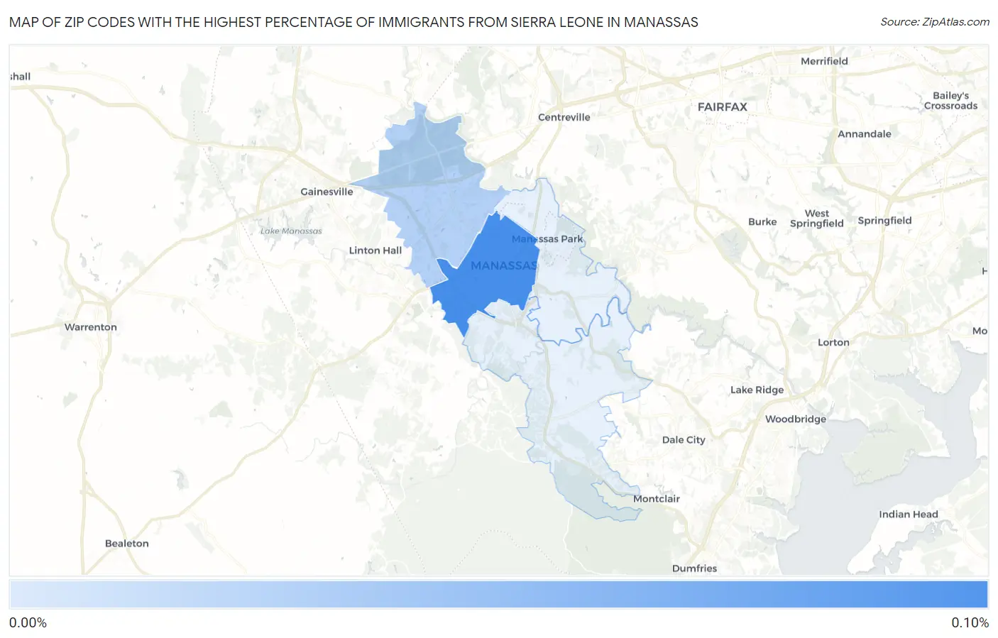 Zip Codes with the Highest Percentage of Immigrants from Sierra Leone in Manassas Map