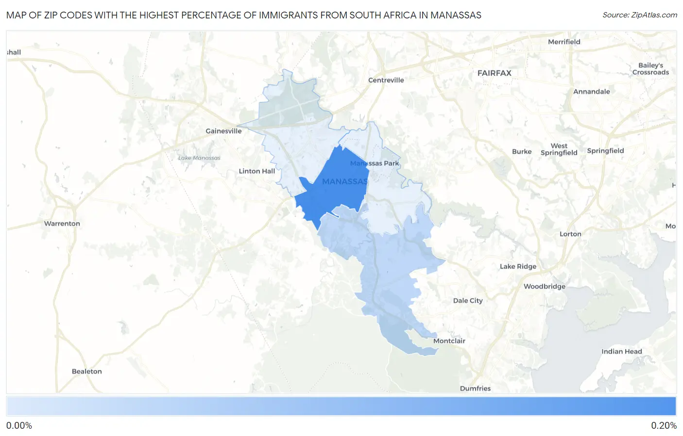 Zip Codes with the Highest Percentage of Immigrants from South Africa in Manassas Map