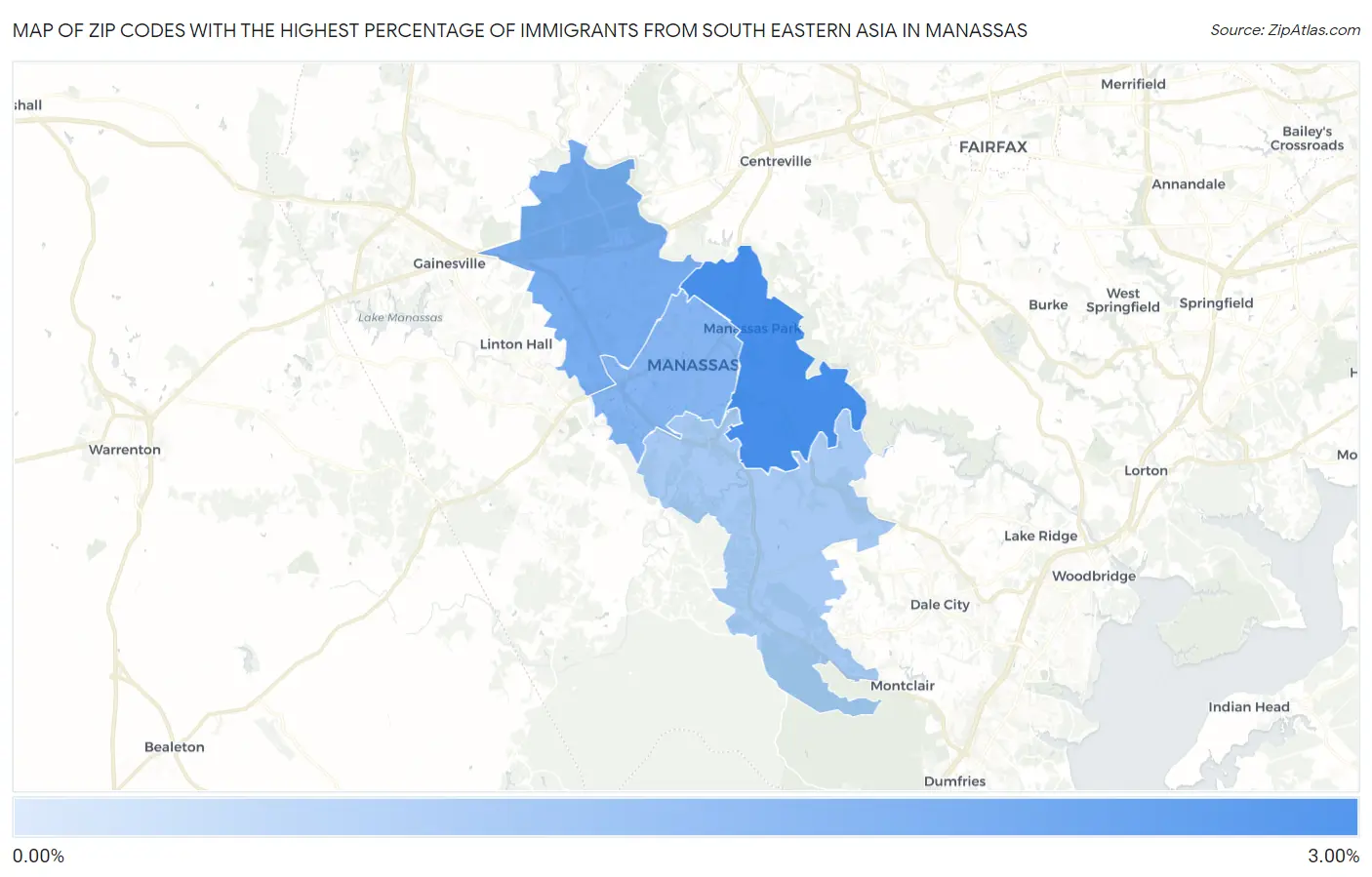 Zip Codes with the Highest Percentage of Immigrants from South Eastern Asia in Manassas Map