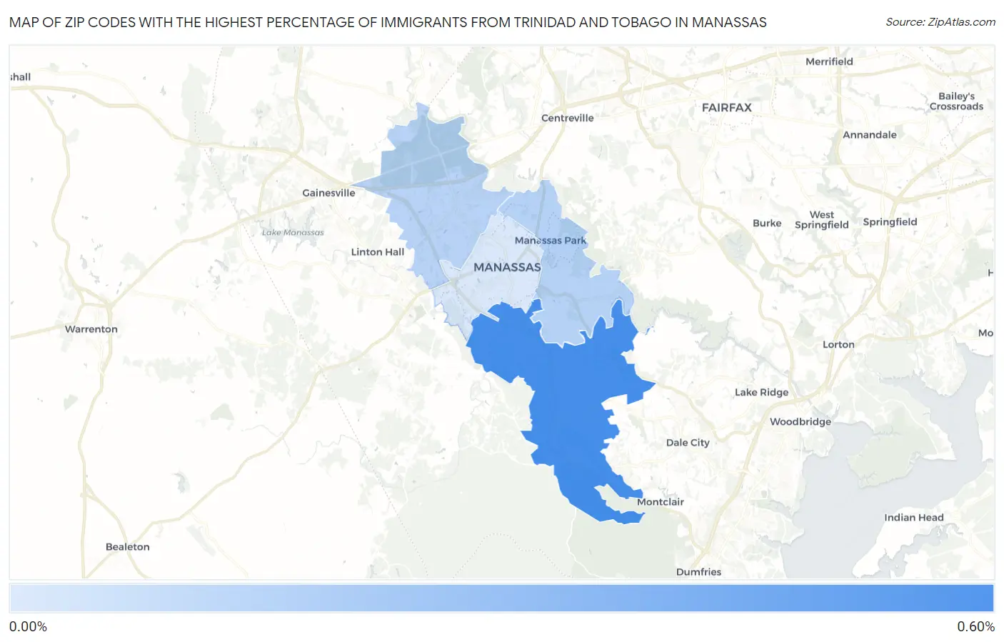 Zip Codes with the Highest Percentage of Immigrants from Trinidad and Tobago in Manassas Map