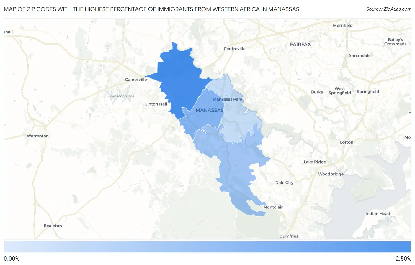 Zip Codes with the Highest Percentage of Immigrants from Western Africa in Manassas Map