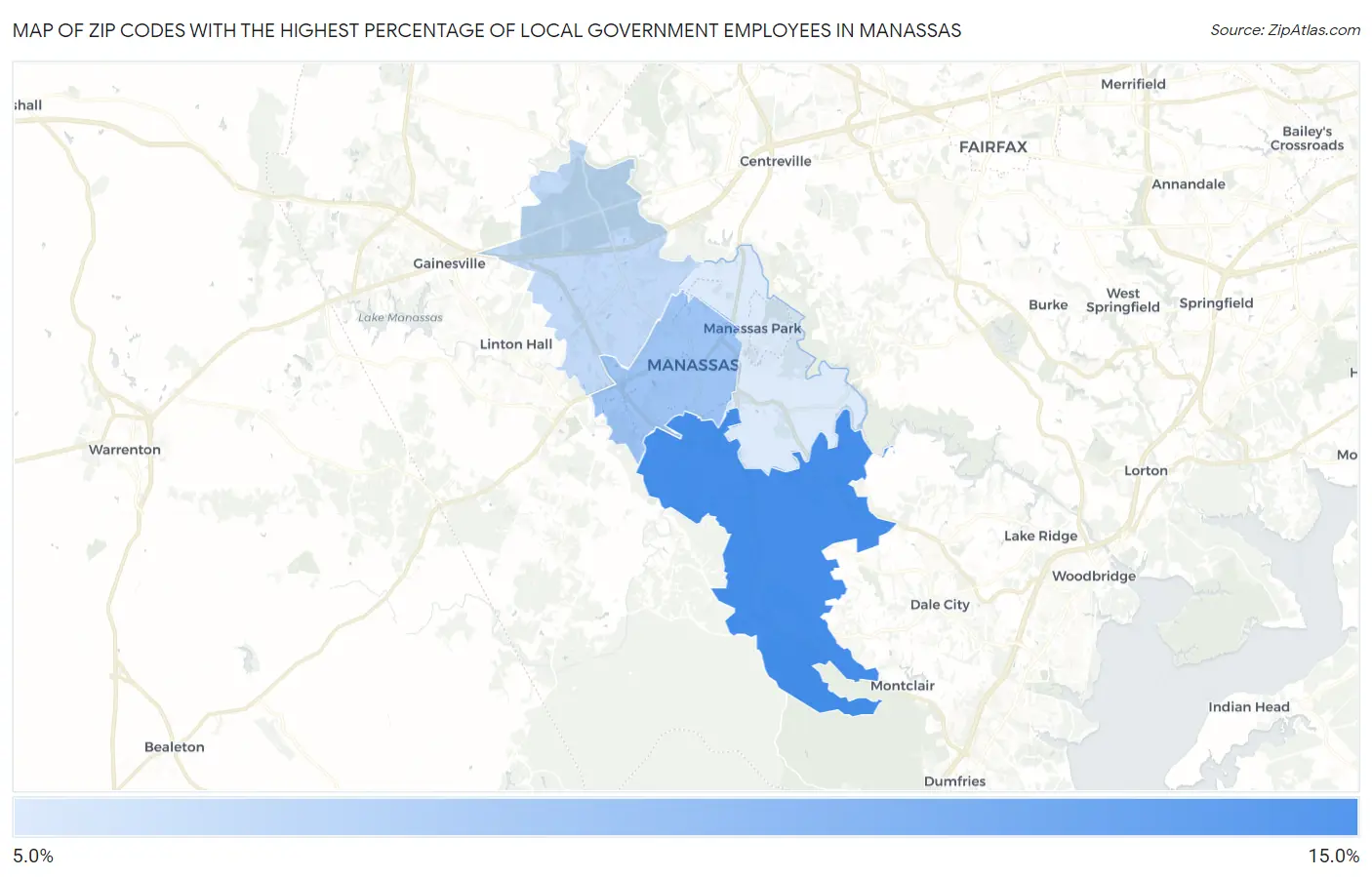 Zip Codes with the Highest Percentage of Local Government Employees in Manassas Map