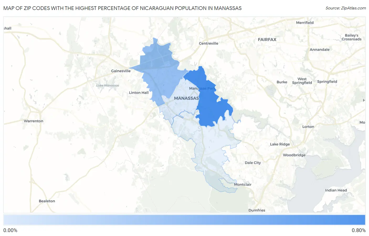 Zip Codes with the Highest Percentage of Nicaraguan Population in Manassas Map